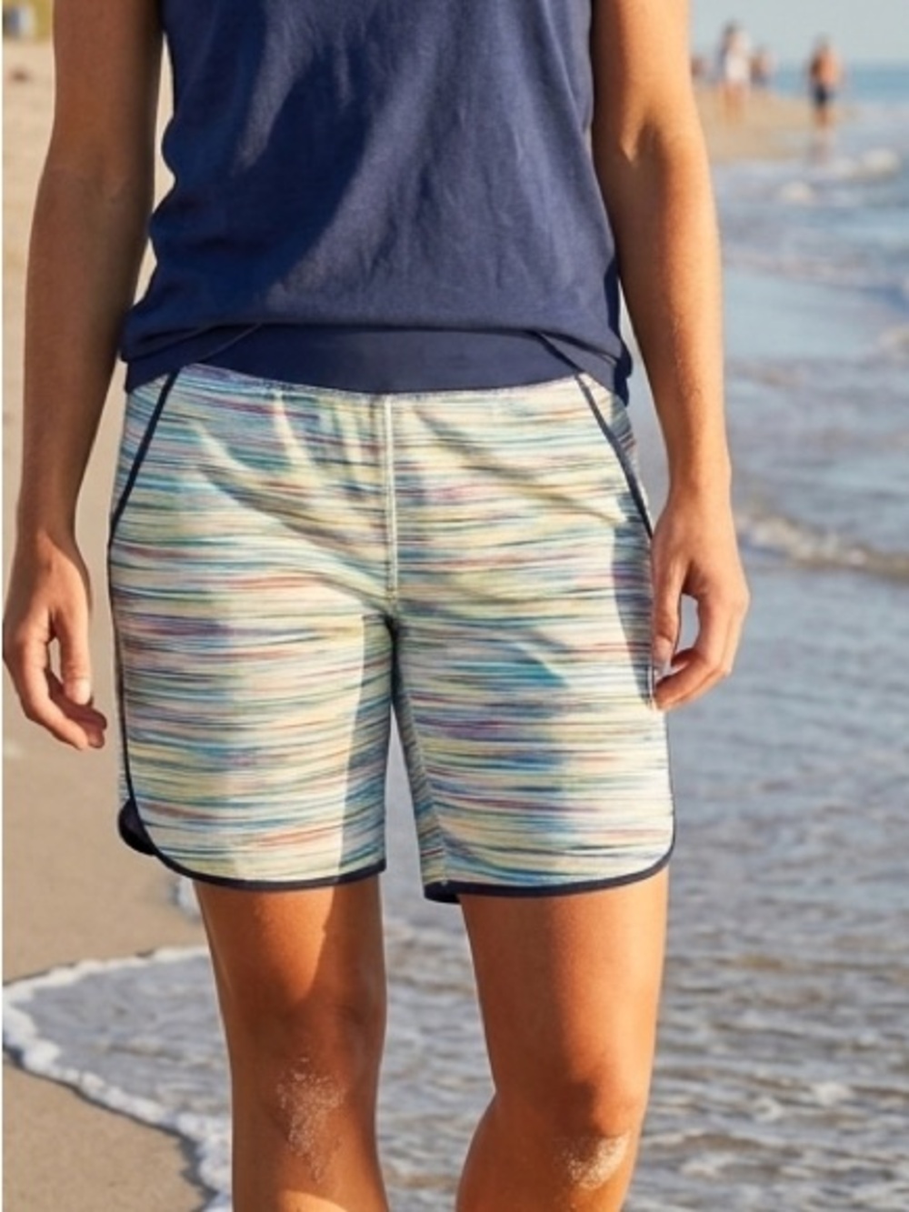 Lands' End Navy-Waist Multicolor Stripe Board Swim Shorts